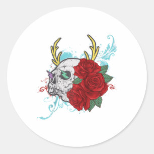 Pegatina Redonda Flor Calavera Y Tatuaje Rosa Arte Gráfico Floral I