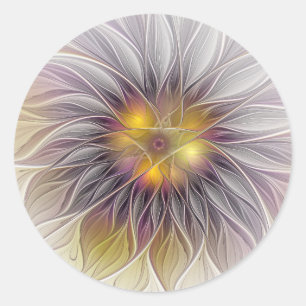 Pegatina Redonda Flor Colorida Luminosa, Fractal Moderno Abstracto