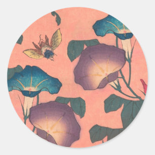 Pegatina Redonda Flor de abeja rosa Arte Clásico Hokusai