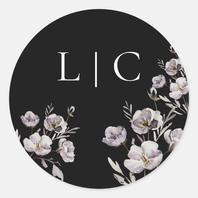 Pegatina Redonda Flor de acuarela negra de boda elegante (Anverso)