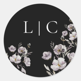 Pegatina Redonda Flor de acuarela negra de boda elegante