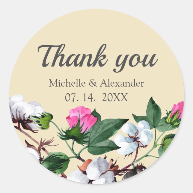 Pegatina Redonda Flor de algodón floreciente. Boda Floral Gracias (Anverso)