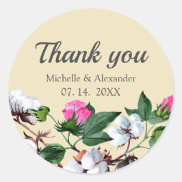 Pegatina Redonda Flor de algodón floreciente. Boda Floral Gracias