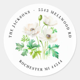 Pegatina Redonda Flor de anémona blanca Dirección de retorno Ronda 