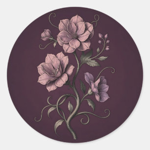 Pegatina Redonda Flor de Anémona Morada Botánica Oscura 