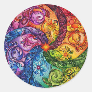 Pegatina Redonda Flor de arcoiris estribada