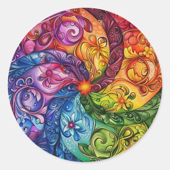 Pegatina Redonda Flor de arcoiris estribada (Anverso)