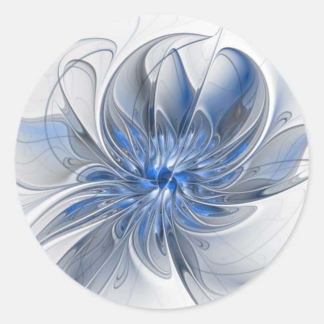 Pegatina Redonda Flor de arte fractal en acuarela gris azul abstrac (Anverso)