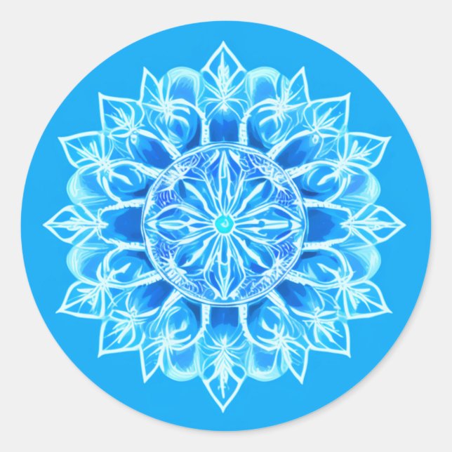 Pegatina Redonda Flor de Batik Mandala en turquesa (Anverso)