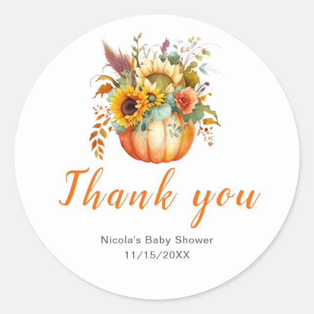 Pegatina Redonda Flor de calabaza Baby Shower (Anverso)