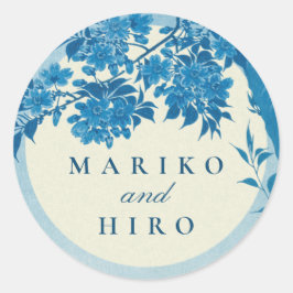 Pegatina Redonda Flor de cerezo azul antiguo japonés