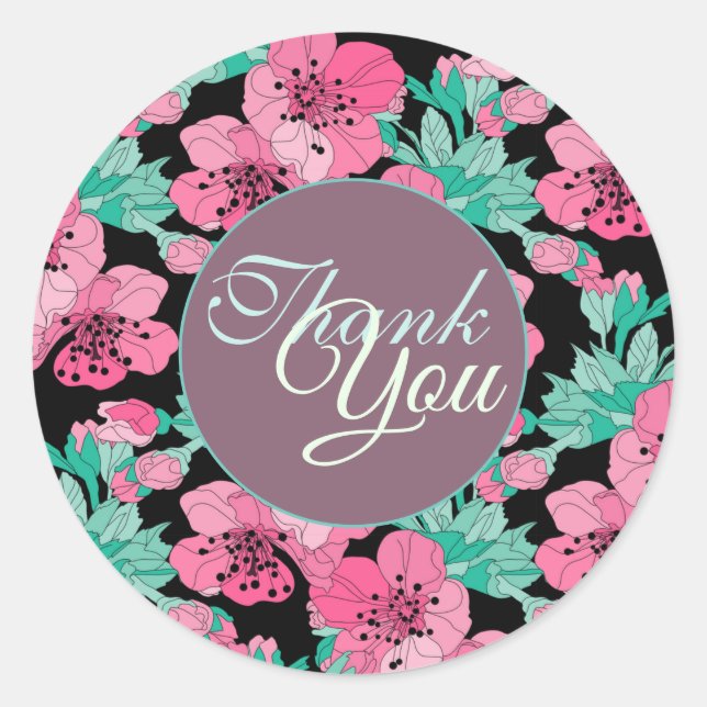 Pegatina Redonda Flor de cerezo decorativa dibujada a mano Gracias (Anverso)