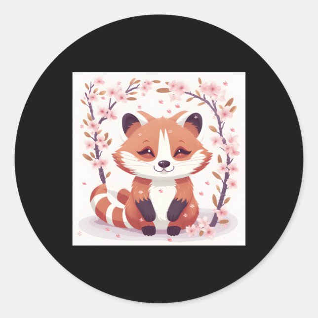 Pegatina Redonda Flor de cerezo Panda rojo Adorable (Anverso)