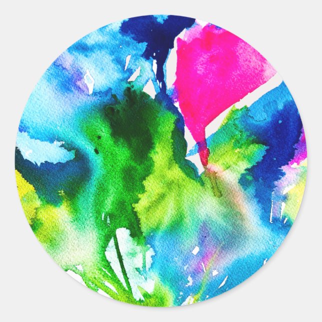 Pegatina Redonda Flor de ciclamen rosa acuarela abstracta (Anverso)