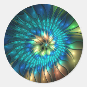 Pegatina Redonda Flor de fantasía luminosa, fractal abstracto color