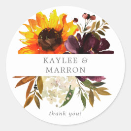 Pegatina Redonda Flor de girasol y morada rusas gracias