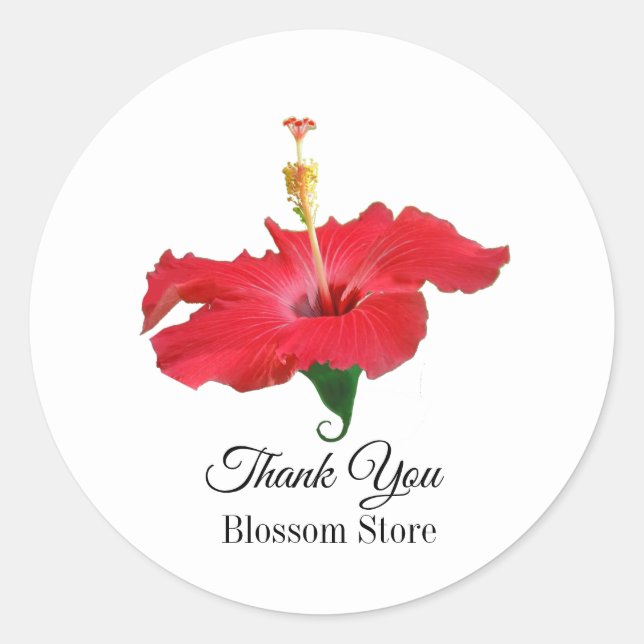 Pegatina Redonda Flor de Hibisco Rojo Tropical (Anverso)
