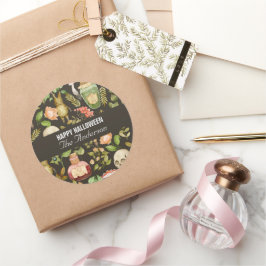 Pegatina Redonda Flor de hongo en planta de cráneo Resumen Hallowee