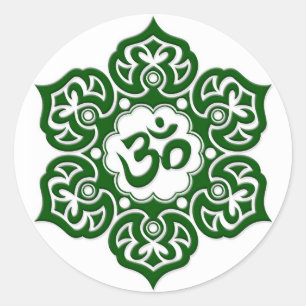 Pegatina Redonda Flor de Lotus verde OM en blanco