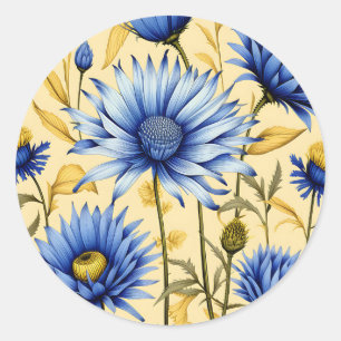Pegatina Redonda Flor de maíz vintage azul y amarilla
