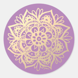 Pegatina Redonda Flor de Mandala Dorada y Morada