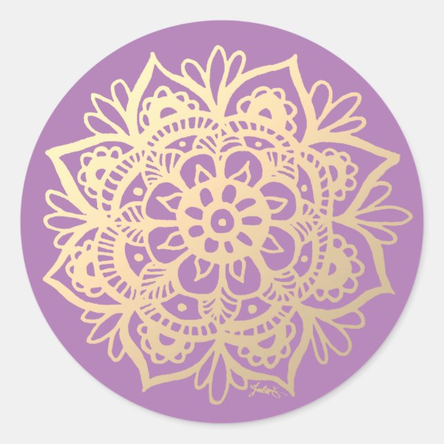 Pegatina Redonda Flor de Mandala Dorada y Morada (Anverso)