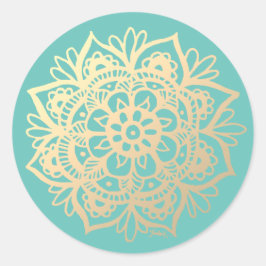 Pegatina Redonda Flor de Mandala Dorada y Teal