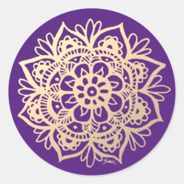 Pegatina Redonda Flor de Mandala Dorada y Violeta
