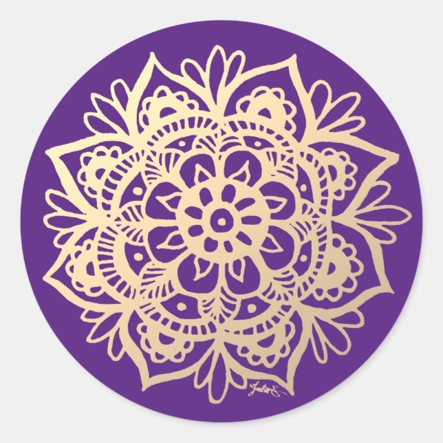 Pegatina Redonda Flor de Mandala Dorada y Violeta (Anverso)