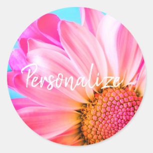 Pegatina Redonda Flor de margarita rosa lindo verano rosa azul lind