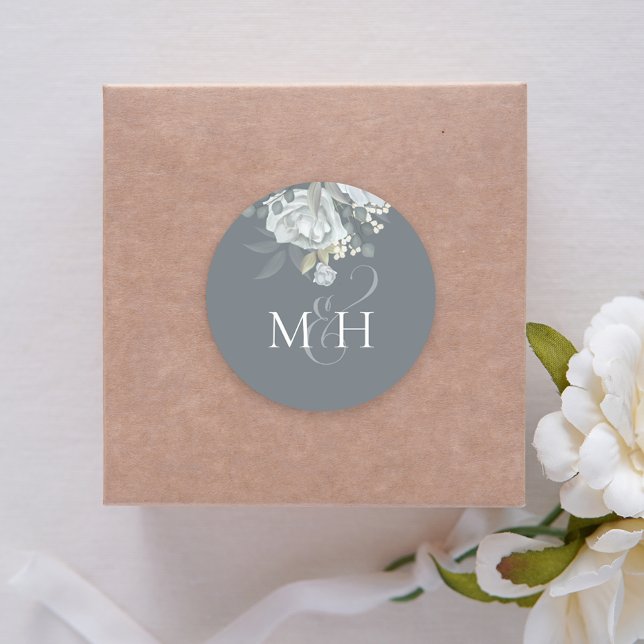 Pegatina Redonda Flor de monograma simple con una flor azul turbia  (Subido por el creador)