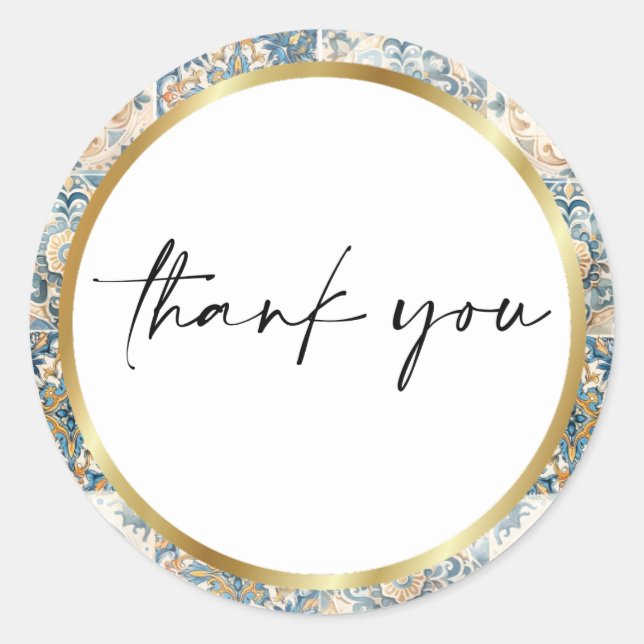 Pegatina Redonda Flor de mosaico mediterránea Positano limón (Anverso)