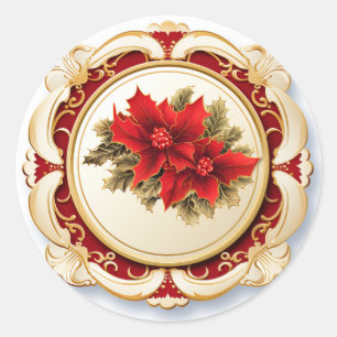 Pegatina Redonda Flor de Nochebuena Pergamino Rojo Dorado