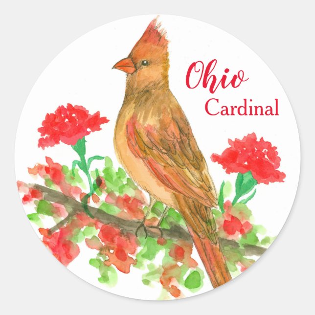 Pegatina Redonda Flor de Ohio Bird Cardinal Roja (Anverso)