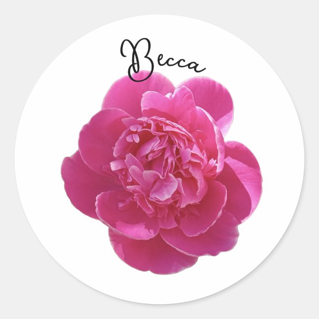 Pegatina Redonda Flor de Peón Rosa vibrante personalizada (Anverso)