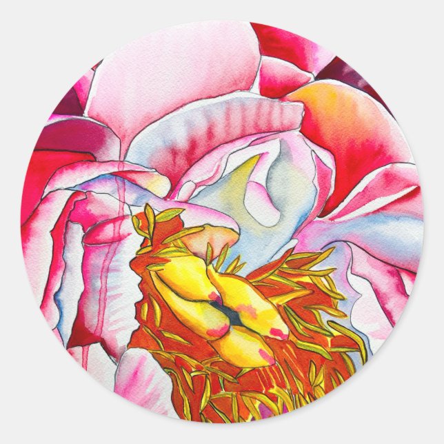 Pegatina Redonda Flor de peonía rosa acuática (Anverso)