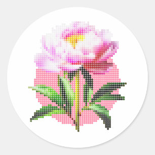 Pegatina Redonda Flor de Peonía Rosa con Mosaico de Puntos