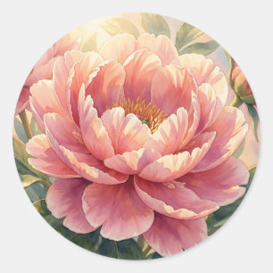 Pegatina Redonda Flor de peonía rosa vintage botánica acuarela