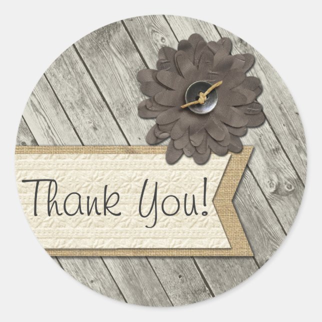 Pegatina Redonda Flor de tela de madera rústica con botón de arpill (Anverso)