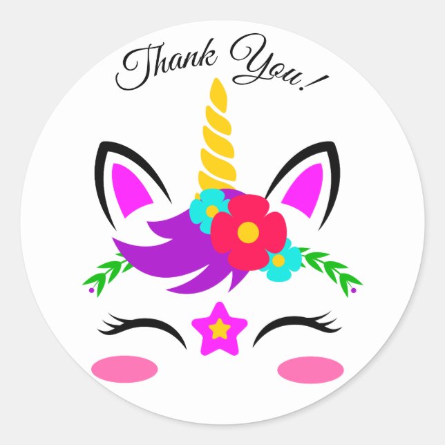 Pegatina Redonda Flor de Unicornio rosa morado suave gracias (Anverso)