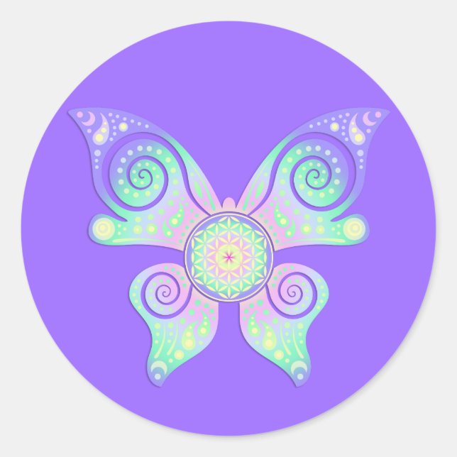 Pegatina Redonda Flor de vida / Blume des Lebens - mariposa (Anverso)