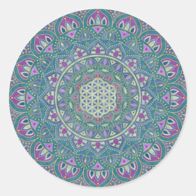 Pegatina Redonda Flor De Vida - Mandala Estilo India 1 (Anverso)