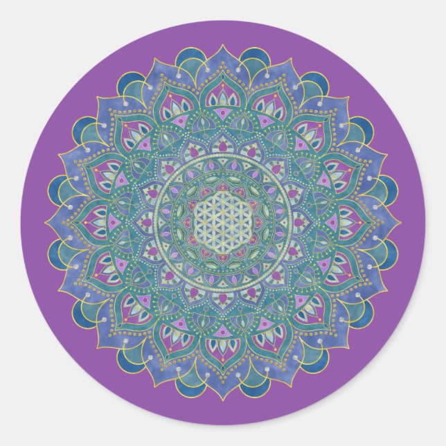 Pegatina Redonda Flor De Vida - Mandala Estilo India 1 (Anverso)