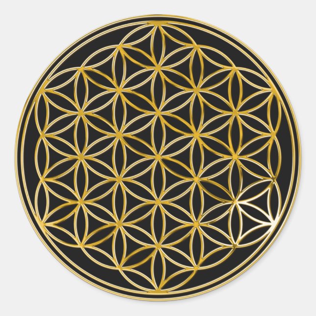 Pegatina Redonda Flor De Vida | oro, pequeño | negro (Anverso)