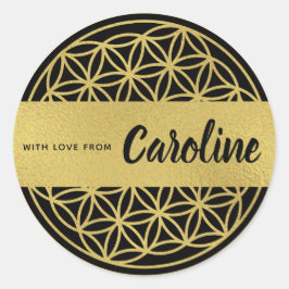 Pegatina Redonda Flor de vida pegatinas personalizados oro y negro