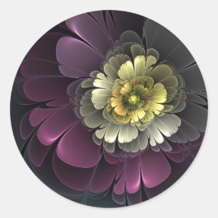 Pegatina Redonda Flor fractal gris purpura moderna abstracta