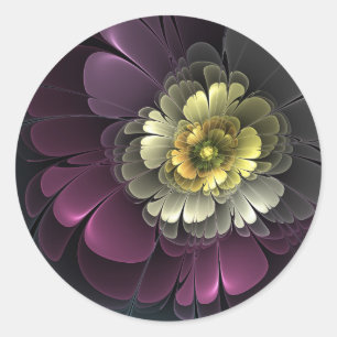 Pegatina Redonda Flor Fractal Gris Purpura Moderna Abstracta