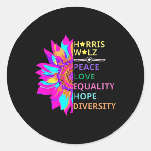 Pegatina Redonda Flor Harris Wheimer 2024 Peace Love Equality Hop