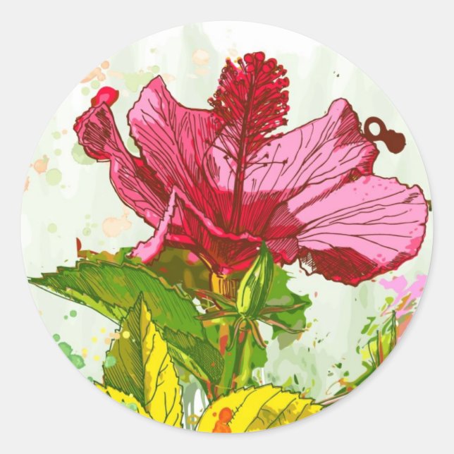 Pegatina Redonda Flor hibiscus - pintura acuarela (Anverso)
