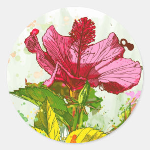 Pegatina Redonda Flor hibiscus - pintura acuarela